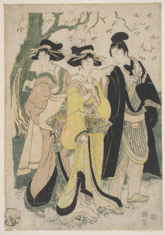 A Wakashu and Two Young Women under Cherry Trees on a Flower Viewing Excursion