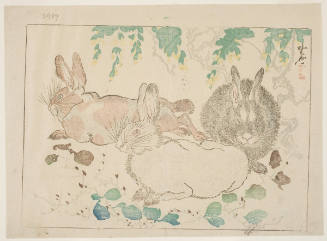 Three Hares, A Plant With Purple Fruit, And A Tree With Yellow Flowers