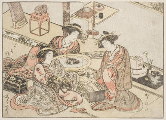 Young Women of Yamashiroya Karahata and Shirado Playing Sukeroku, Matsukaze seated before a Hibachi