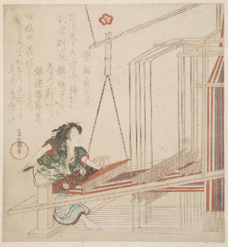 A Woman Seated at a Loom Engaged in Weaving a Piece of Brocade