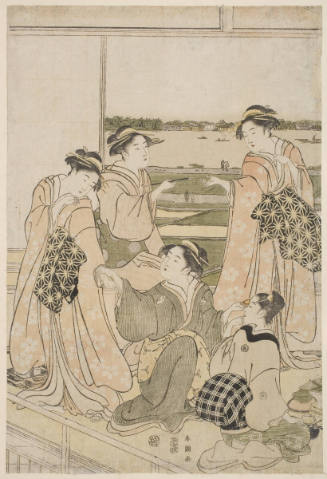 A Group of Five Women in a House on the Bank of the Sumidagawa