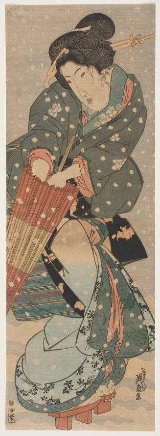 Geisha Opening an Umbrella in a Snowstorm