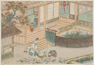 A Shicho Sweeping Up Fallen Autumn Leaves In The Garden Of A Nobleman's Dwelling