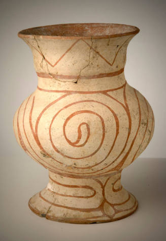 Large Pedestal Storage Vessel with Wide Spiral Designs, Constricted Neck and Slightly Flaring Rim
