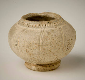 Small Round Container with Widely Spaced Incised Vertical Lines over Body and Closely Spaced Small Lines around Mouth
