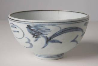 Bowl with Stylized Linear Design within Double Circles, High Foot and Line Below Rim,