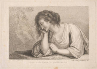 Woman, half length leaning upon a table and turned to the left
