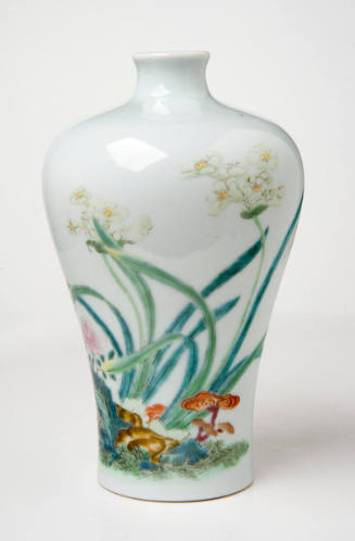 Meiping Vase with Design of Narcissus, Peony, Pine Needles and Lingzhi Fungus by a Garden Rock Symbolizing Wishes for Longevity, Wealth and Honor
   
