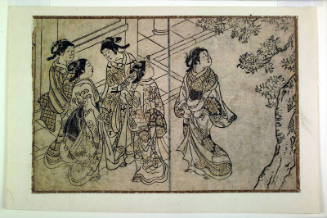 A Matron and Four Young Women Viewing Cherry Blossoms near a Shrine-double-page illustration from an unidentified book