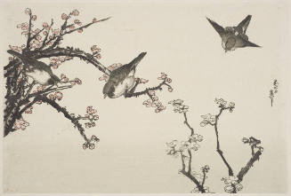 Plum Blossoms and Three Japanese Bush-Warblers (ume-hana ni uguisu)