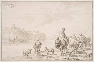 Shepherds with herds near stream