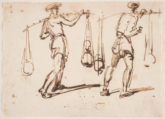 Two Men Carrying Jugs Slung On Poles