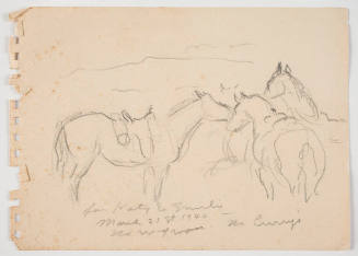 Untitled (3 horses saddled up, staning in landscape)