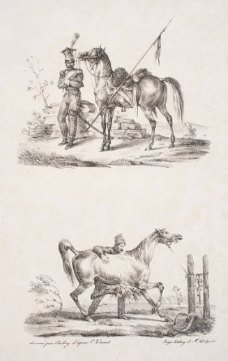 Cavalier Unmounted; Rubbing Down, (after C. Vernet)