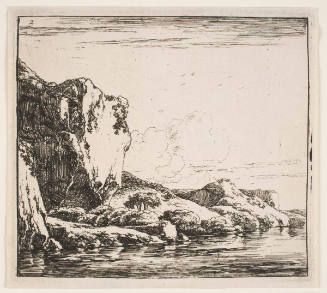 Lanscape with a large rock to the left of a riverbank