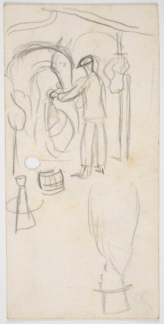 Untitled (man attending horse in stall and figure of man in top hat)