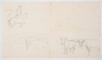 Untitled (cowboy on horseback, with two steers, in Southewest  landscape)