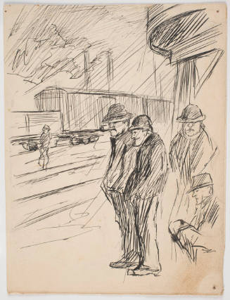 Untitled (4 men outside in rain, near railroad)