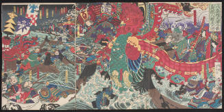 Yoshitsune leaps over Eight Boats at Dannoura Bay during the Battle of Yashima