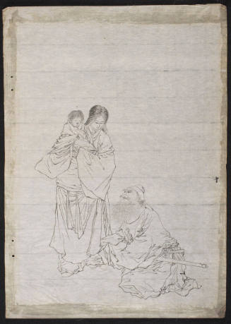 Old Man Kneeling in Front of Woman and Child