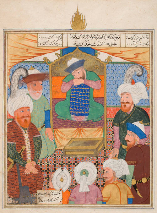"Kai Khusrau Appointing Gudarz-e Keshvad as Executor and Distributing His Properties and Possessions", folio from a Shahnama ("Book of Kings") by Abu'l Qasim Firdausi 

