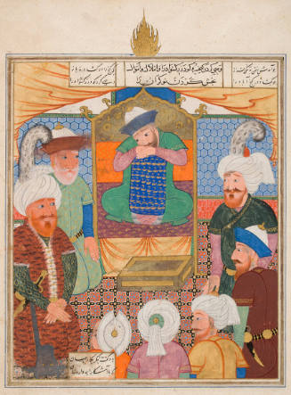 "Kai Khusrau Appointing Gudarz-e Keshvad as Executor and Distributing His Properties and Possessions", folio from a Shahnama ("Book of Kings") by Abu'l Qasim Firdausi 

