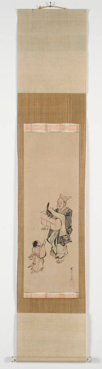 Dancing Puppeteer (a Tanuki-Mawashi) and Child
