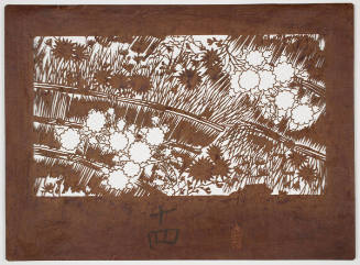 Stencil with Design of Chrysanthemums and Brush Wood Fence