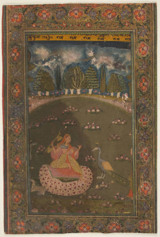 A Ragini seated on a lotus throne singing while a peacock dances