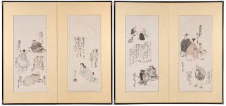 Pair of two-fold screens: Haiga-style Illustrations of Famous Poets, Samurai and Women and Classic Haikai Verses Celebrating the Four Seasons Composed by Basho and his Students Kikaku, Ransetsu and Kooku