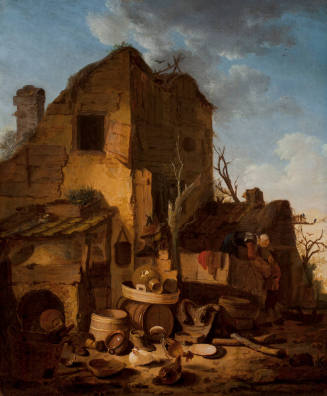 Barnyard Scene with Two Figures and a Cart