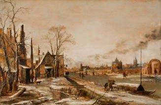 A Village Scene in Winter With a Frozen River