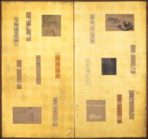 screen with 16 mounted tanzaku and small paintings