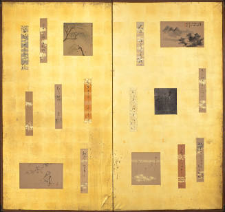 screen with 16 mounted tanzaku and small paintings