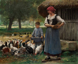 Farm Girl Feeding Chickens