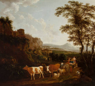 An Italian Landscape with Riders, Cows and Sheep
