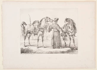 Mameluk on foot holding two horses