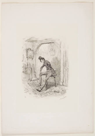 Untitled book illustration(?): a man sitting on a chair or stool
