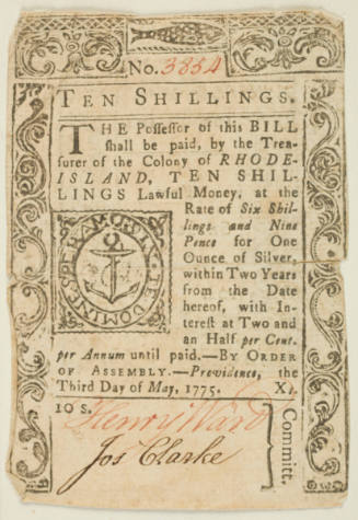 Ten Shilling Currency Note for the Colony of Rhode Island