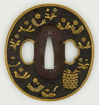 Tsuba (sword guard) with Flowers, Sickle, and Bamboo Basket