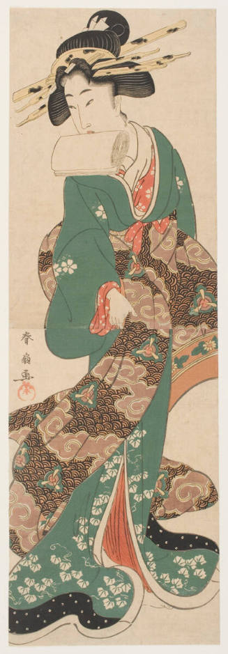 Geisha Tying her Sash while Holding a Roll of Tissues Between Her Teeth