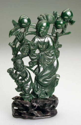 Female Figure Holding Lingzhi Fungus and a Branch with Ripe Peaches and Basket, Accompanied by a Boy