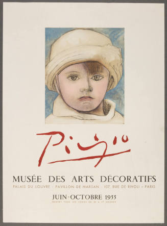 Poster: Exposition Picasso-Musee des Arts Decoratifs/ Pavillon de Marsan Rue de Rivoli Paris ier/ Juin-Octobre 1955-Ouvert tous les Jours/ de 10 heures a 17 heures/ Mourlot-Paris