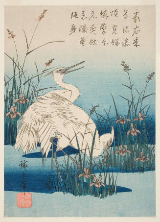 Two Little Egrets Amidst Reeds and Blue-Flag Irises (Hanashobu ni kosagi)