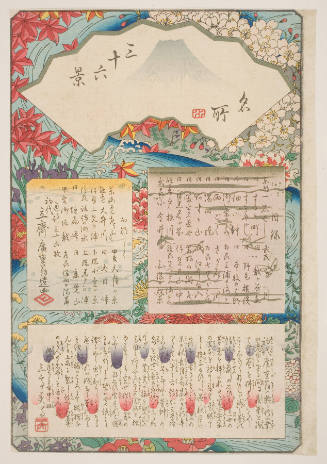 Title Page, from the series Thirty-six Views of Mount Fuji (Fuji sanjūrokkei, here called Meisho sanjūrokkei)