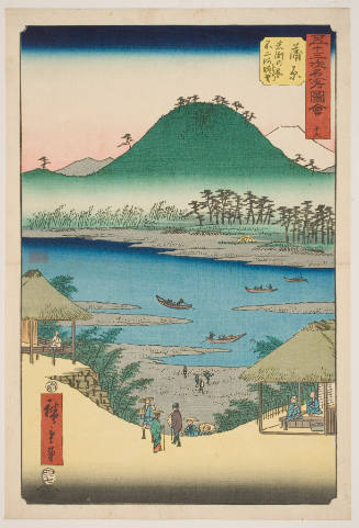 No. 16, Kanbara: View of the Fuji River from Iwabuchi Hill (Iwabuchi no oka yori Fujikawa chōbō)