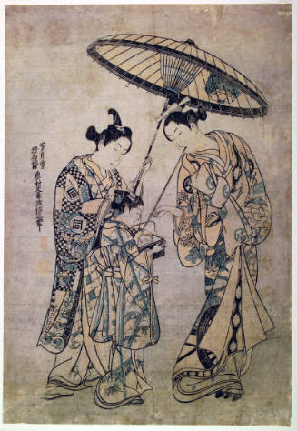 Segawa Kikunojo I as a High-Ranking Courtesan Attended by Sanogawa Ichimatsu I as a Young Male Attendant Holding a Processional Umbrella and a Girl Attendant  Holding a Portable Tray of Hot Coals