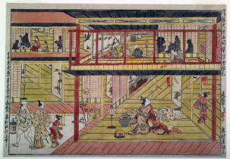 An Original Perspective Print: The Brazier of Elegance and the Bell of Damnation (Fūga hibachi muken no kane uki-e kongen)