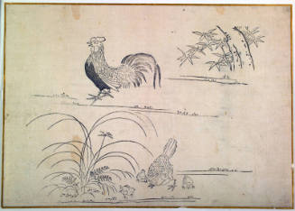 A Cock, Hen and Three Chicks, Grasses and Bamboo