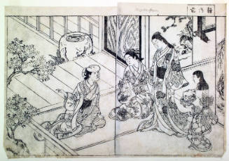 Shizuka-gozen-double-page illustration (sheets 14-15) from volume I of the book Ehon Tokiwa-gusa (Picture Book of Evergreens)